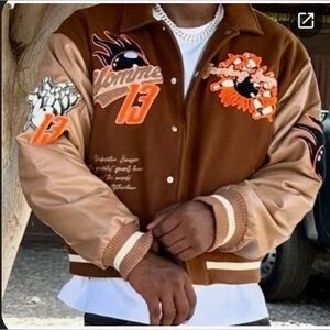 Men's Brown Bomber Varsity Jacket with Orange Accents